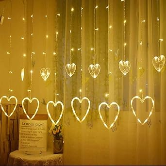 HOME CUBE 1 Pc Heart Curtain LED String Light,12 Golden Stars with 138 LED Waterproof Linkable String LED Lights for Home Decoration,Diwali,Christmas,Wedding, Birthday Light with 8 Mode (Warm White)