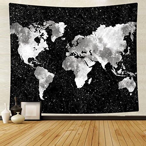 HL Starry World Map Tapestry Black &amp; White Abstract Painting Wall Hanging Home Decor for Living Room Bedroom Dorm Room (60"H x 80"W,World Map Silhouette)