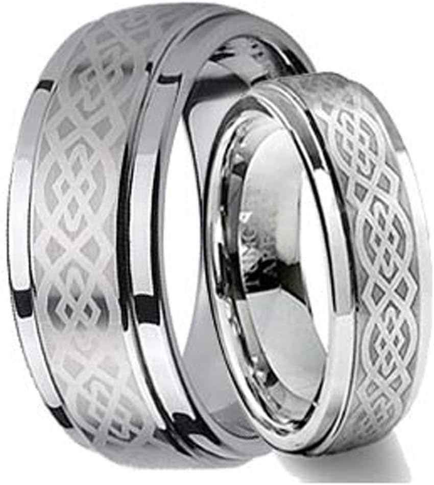 Free Personalized Laser Engraving Ring for Men and Ring for Women His & Her's 8MM/6MM Tungsten Carbide Wedding Band Ring Set w/Laser Etched Celtic Design