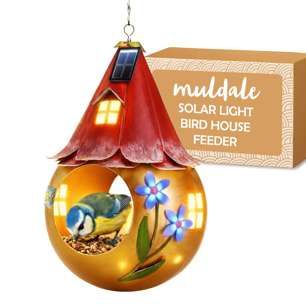 Muldale Solar Bird Feeder Hanging - Copper Weather Resistant Garden Ornament - Decorative Novelty Outdoor Bird Feeders for Wren Robin Blue Tit - Gift Boxed with Hook 25cm