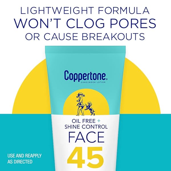 COPPERTONE OIL FREE + SHINE CONTROL SUNSCREEN FACE LOTION SPF 45, LIGHTWEIGHT SUNSCREEN FOR ALL SKIN TONES, WON’T CLOG PORES, FRAGRANCE FREE, 2.5 FL OZ TUBE