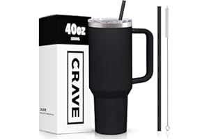 Crave Cups 40oz Tumbler With Handle And Straw l Insulated Stainless Steel Double Wall Spill Proof Water Bottle Travel Mug l Cupholder Friendly Vacuum Sealed Tumblers With Lid (Black)