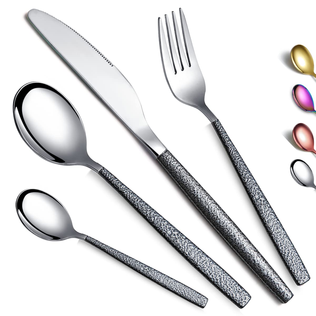 Kyraton Cutlery Set 16 Pieces with Moon Surface Black Handle and Shiny Mouth Stainless Steel Modern Cutlery Set Utensils Set Service for 4