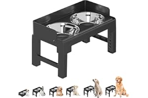 PAKEWAY Elevated Dog Bowls, Spill Proof, Tiltable Dog Feeder with 2 Stainless Steel Bowls, 6 Height Adjustable Raised Bowl