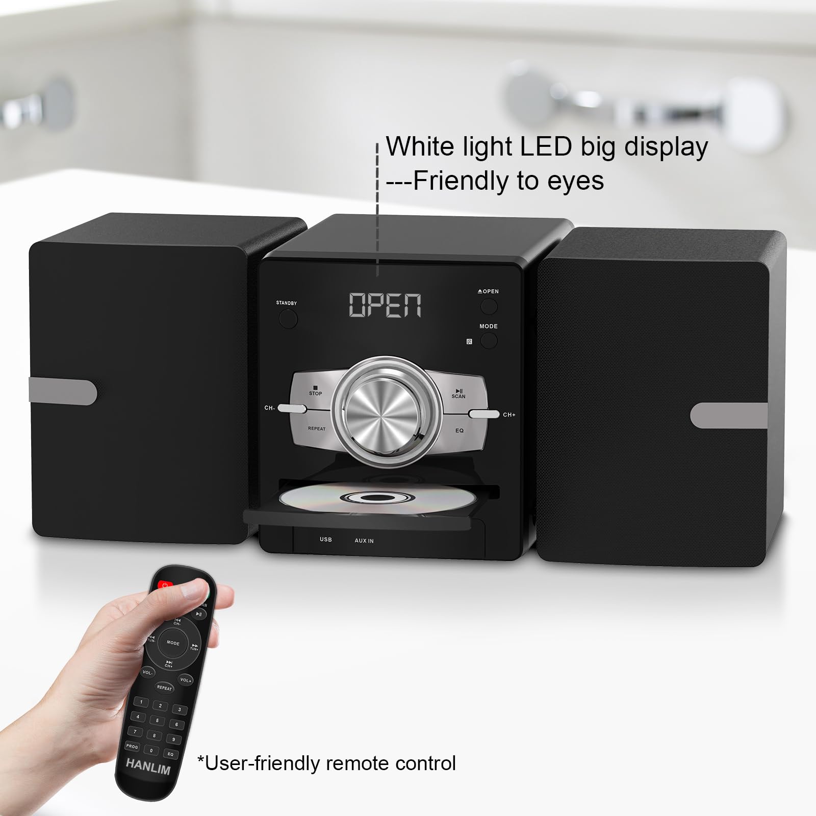 Home Stereo System with CD Player, FM Radio, Bluetooth, AUX in, USB in, Earphone Jack, Remote Control Included, 30W HiFi Shelf Stereo System