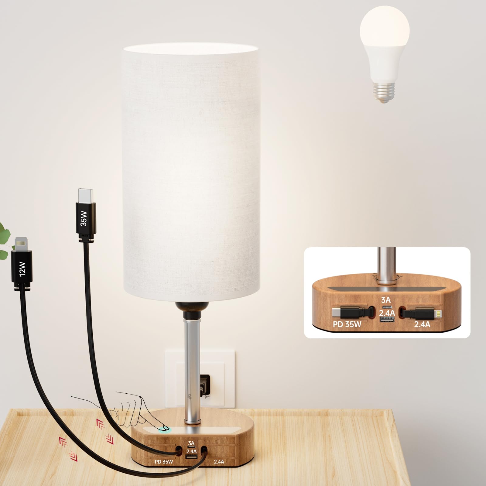 Photo 1 of FlexTurtle Bedside Lamp with Retractable Charging Cords & USB Ports, 3-Way Dimmable Touch Lamps for Nightstand with LED Bulb, Nightstand Lamp with Charging Station 74W for iPhone, iPad, Desk, Office
