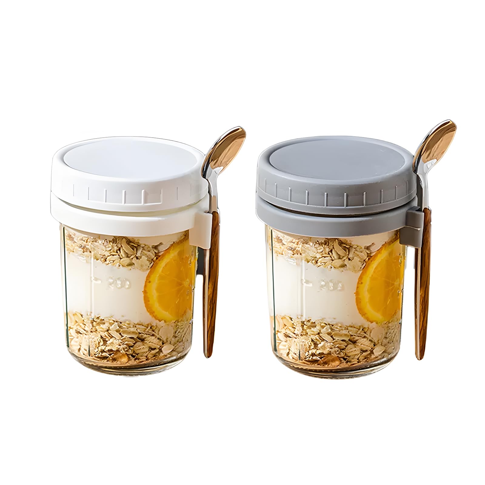 Shudyear Overnight Oats Container 2-Pack, Overnight Oats Jars with Lid and Spoon, 10 oz Airtight Breakfast Jars with Measurement Marks, Overnight oats jars for Cereal Milk Yogurt Storage (White, Grey)