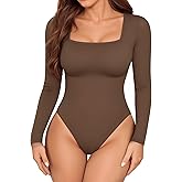 TRENLIVER Womens Long Sleeve Body Suits Square Neck Thong Bodysuit Slim Shirts Sexy Fall Going Out Tops Y2K 2025