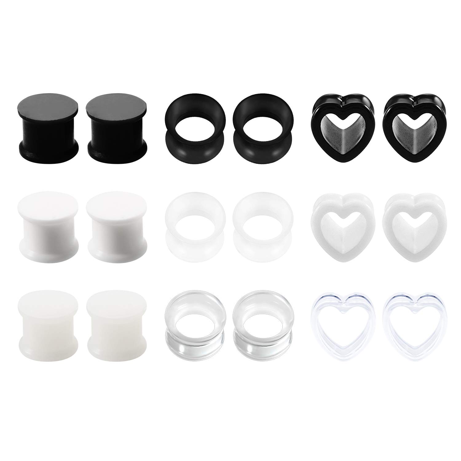 AceFun 9 Pairs Ear Gauges Acrylic Heart Ultra Thin Silicone Ear Tunnel Ear Plugs Piercing Set for Women Men 12MM