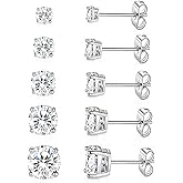 MDFUN 5 Pairs Stud Earrings Sets 3-7MM 18K Gold Plated Round/Cushion/Asscher/Emerald Cut Cubic Zirconia Earring Hypoallergenic Stud Earrings for Women Men
