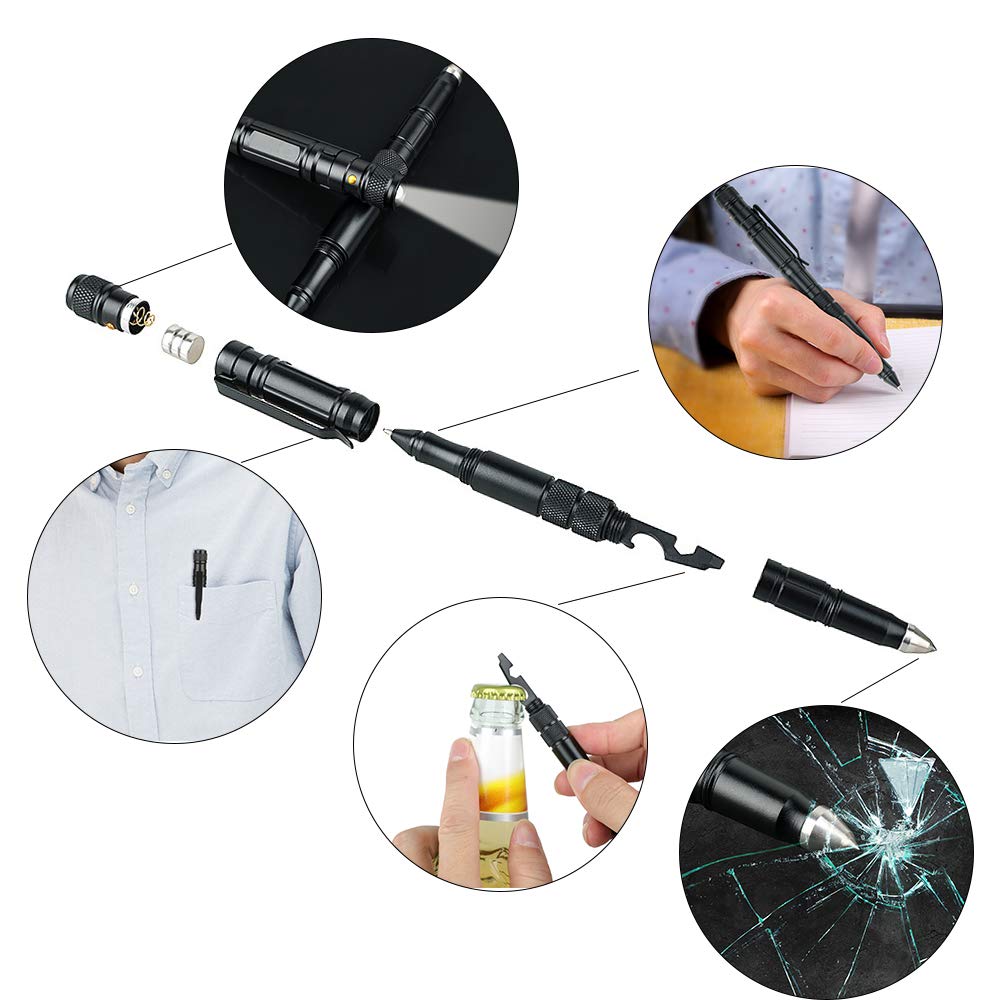 WEREWOLVES Tactical Pen - Professional Multi-Function Self-Defense Pen with 12 Ink Refills, Emergency Glass Breaker, EDC Multifunctional Survival Tool, LED Flashlight, Smooth Writing Black Ballpoint