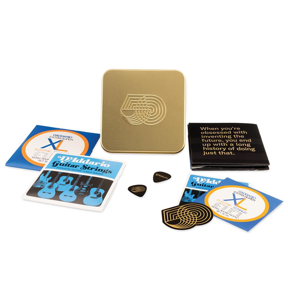 D'Addario 50th Anniversary Guitar String Bundle with Exclusive Tin - Includes 1 Set of EXL110 & EJ16, 3 Stickers, 2 Guitar Picks, 1 Poster
