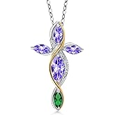 Cross Necklace For Women In 925 Silver and 10K Yellow Gold with Blue Tanzanite and Green Nano Emerald | 1.48 Cttw | Jesus Christian Religious Crucifix | Marquise 8X4MM | With 18 Inch Chain