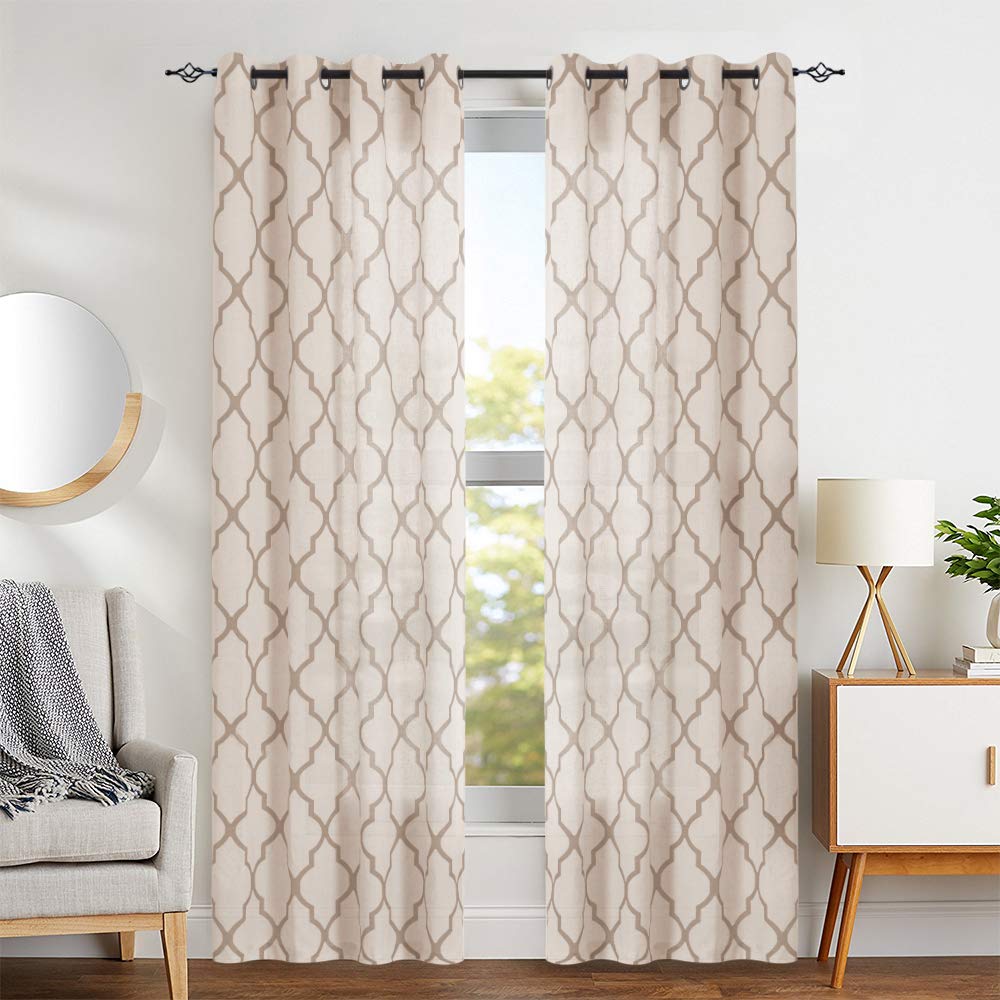 jinchan Print Curtains Moroccan Tile for Living Room- Quatrefoil Flax Linen Blend Textured Geometry Lattice Grommet Window Treatment Set for Bedroom 50" W x 84" L 2 Panels Taupe