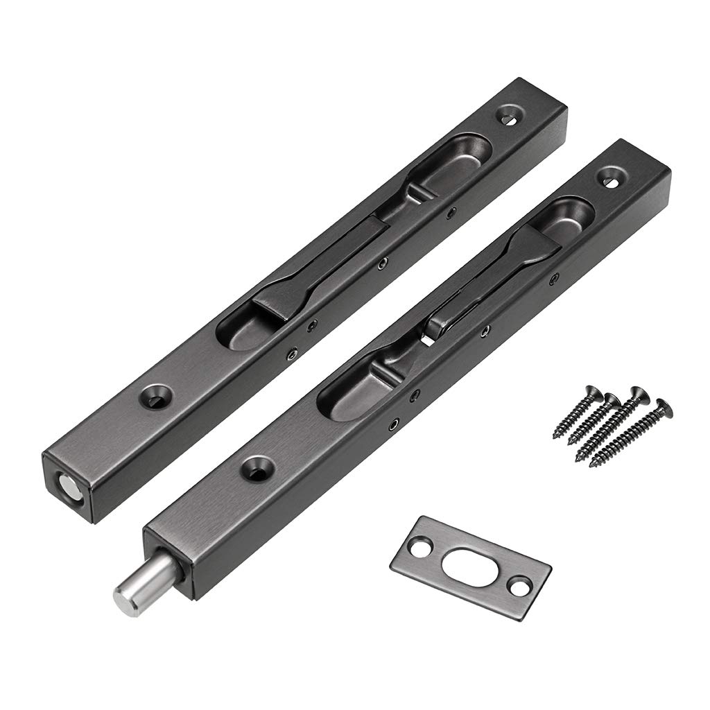 IGNPION Pack of 2 Door Flush Bolt Latch Lock Concealed Door Bolt Security Lever Action 304 Stainless Steel Brushed Slide Latch with Strike and Screws (Black,15cm in Length)