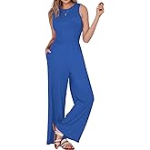 AURUZA Jumpsuits for Women, Sleeveless Crew Neck Jumpsuits for Women Casual One Piece Outfit Wide Leg Long Pants Rompers for Women 2024 Jumper Dressy with Pockets, Blue, M