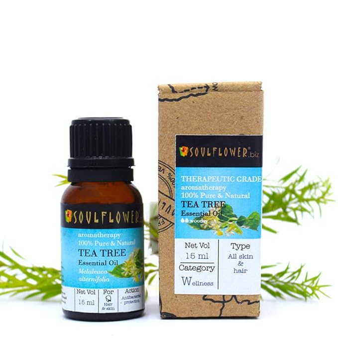 Soulflower Tea Tree Essential Oil, 15ml Undiluted, 100% Natural for Acne, Pimples, Dandruff &