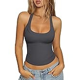 Hragc Womens Halter Top Deep Scoop Neck Low Cut Racerback Tank Top for Women Workout Ribbed Knit Fitted Sleeveless Cami Shirt