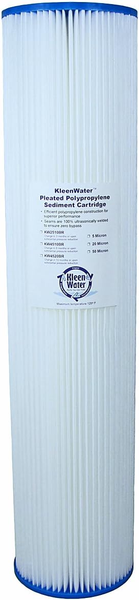 Pleated Dirt Rust Sediment Water Filter, KleenWater KW4520BR Replacement Cartridge, 4.5 x 20 Inch, 20 Micron