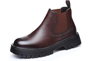 QOOEL Men's Genuine Leather Slip On Chunky Platform Chelsea Boots Luxury Round Toe lug sole Work Dress boots Casual Non Slip Ankle Boots