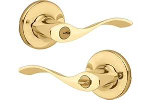 Kwikset Balboa Entry Door Handle with Lock and Key, Secure Keyed Reversible Lever Exterior, for Front Entrance and Bedrooms, Polished Brass, Pick Resistant Smartkey Rekey Security