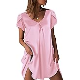 Ekouaer Women's Satin Nightgown Short Sleeve Sleepdress V-Neck Sleepwear Loose Silk Sleepshirt