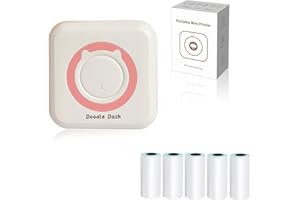 THCBME Doodle Dash Printer Mini Printer Sticker Maker Bluetooth Connection Cell Phone, Tablet With 5 Self-Adhesive Rolls Printing Paper Wireless Inkless Pocket Printer Suitable for Photos, Study (White Pink)