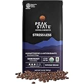 Peak State STRESS LESS Coffee with Benefits, Dark Roast, 12 oz. | Organic Whole Bean Mushroom Coffee, Low Acid and Smooth for Morning Caffeine, Full-Bodied, Deep Dark Chocolate, Gluten Free