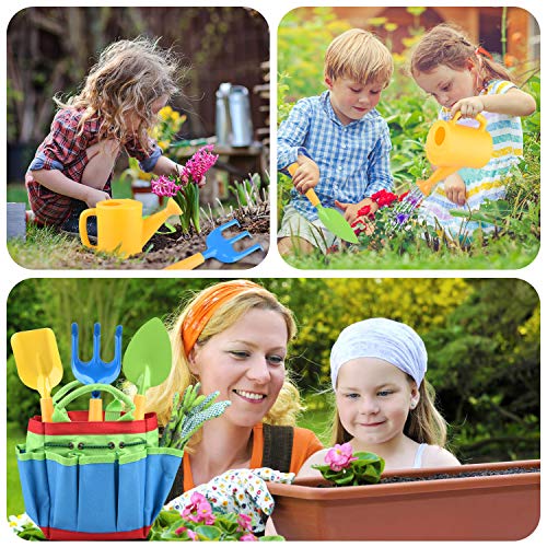 NOUVCO Kids Garden Tools, 7 PCS Little Gardener Tool Toys - Includes Gardening Sturdy Tote Bag, Watering Can, Shovel, Rake, Fork, Children Gardening Gloves and a Beautiful Booklet for Kids
