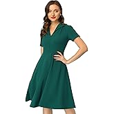 Allegra K Vintage Work Dresses for Women's 1950s Flat Collar Short Sleeve Fit and Flare Dress
