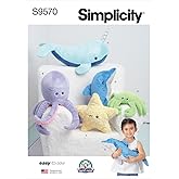 Simplicity Sea Star, Octopus, Narwhal, Dolphin and Crab Plush Animal Sewing Pattern Kit, Code S9570, Sizes Vary, Multicolor