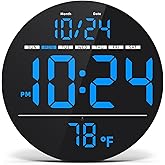 Digital Wall Clock with Large LED Display, Date, Temperature, Auto-Brightness | Small [PLUG-IN] Clock | Modern Electric Wall Clock for Bedroom, Classroom, Living Room, Home, Office, Farmhouse - Blue