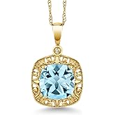 Gem Stone King 10K Yellow Gold Women's Cushion Sky Blue Topaz and Diamond Accent Necklace 2.74 cttw