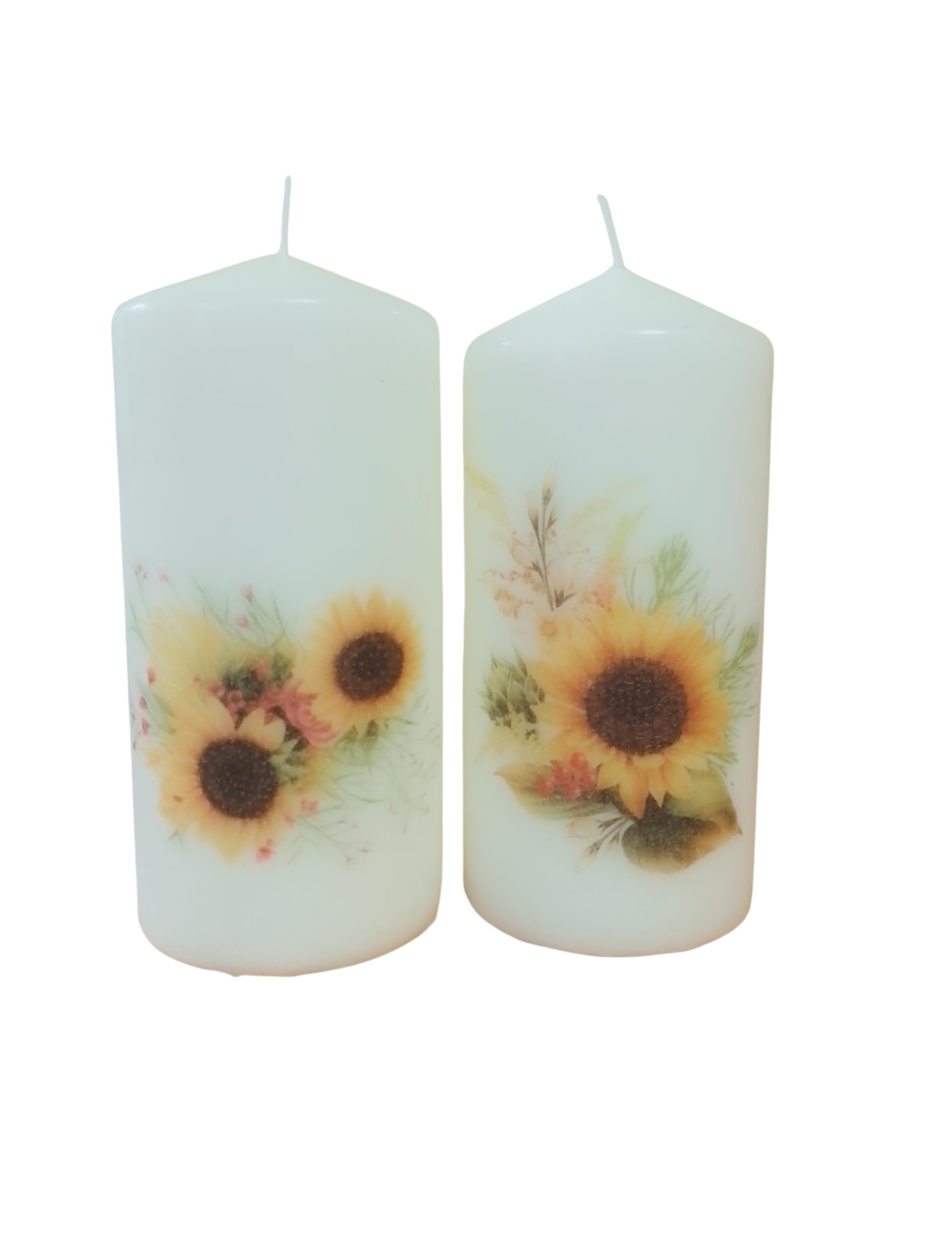 Generic Pillar unscented Wax Candle Set of Two Sunflower Flower Decoration Hand Decorated Relax Meditation Home Decor, GTIN-13 5061047103241