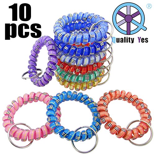 QY 10PCS Colorful Bright Assorted Colors Tartan Pattern Plastic Spiral Coil Wrist Band Key Ring Chain