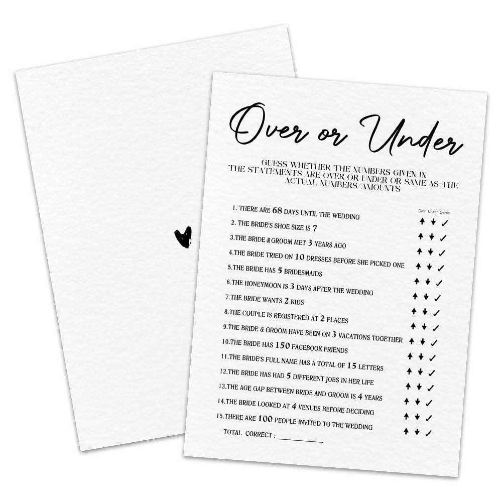 Photo 1 of **2 pack**30 Minimalism Game Cards - Over or Under - Bridal Shower, Engagement, Mr & Mrs, Newlyweds, Wedding Games, Party Activities & Supplies - B07 White