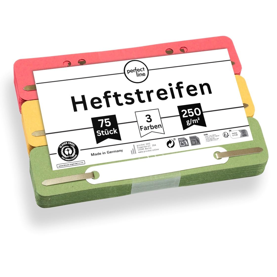 perfect line • 75 Stapling Strips Cardboard, Recycled Cardboard, 250 g/m², Made in Germany (Red, Green, Yellow)
