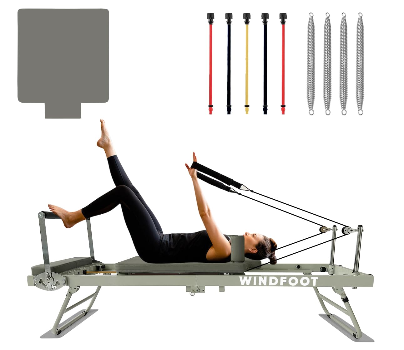 Photo 1 of WINDFOOT Pilates Reformer Workout Machine, Up to 300LBs Weight Capacity, Pilates Exercise Machine with Jump Board, 4X22lbs Springs and 5 Resistance Cords (Yellow-15lb, Blue-20lb, Red-26lb)