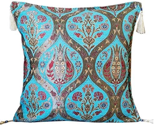 Misspon Turkish Pillow Case Collection - Ottoman Palace Tulip Design - Pillow Cover - Chenille Cotton Shiny Fabric - 17"x17" inches 42x42cm (Turquoise Tulip)