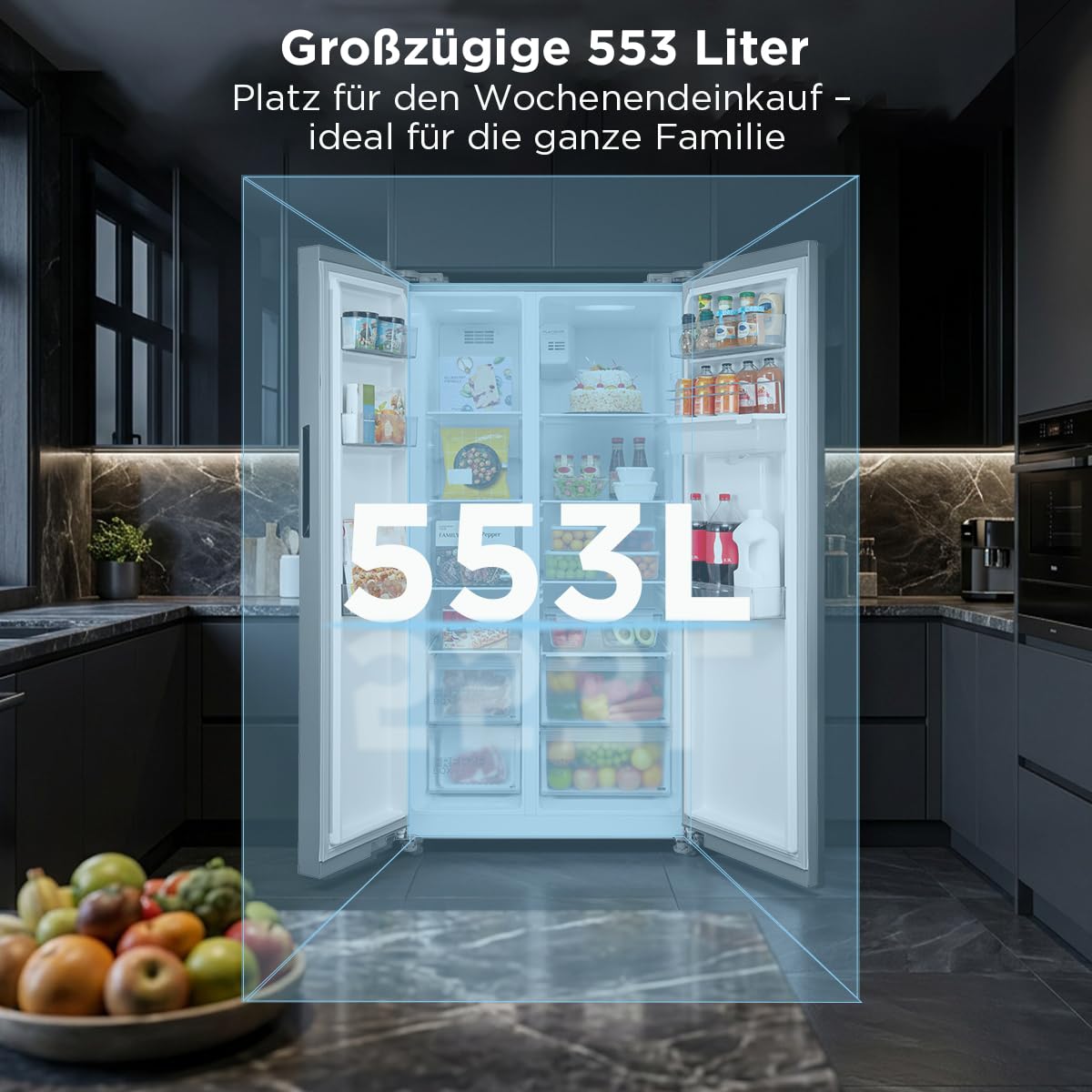 Midea Side-by-Side Kühlschrank 553L, mit Wasserspender ohne Festanschluss, Inverter Kompressor, No Frost, 360° Multi Air Flow, SuperCool & SuperFreeze, 37 dB leise, Steel Gray MDRS710FGD46W 3
