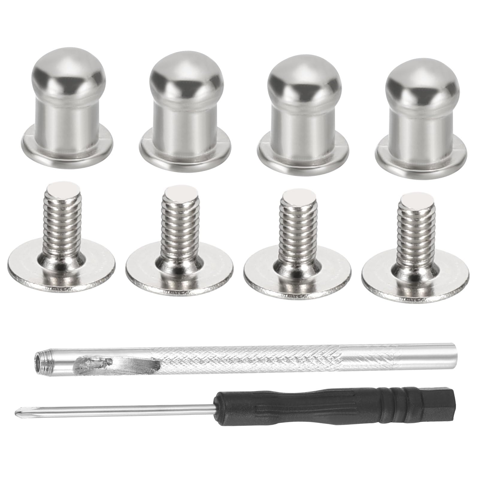 PATIKIL 7x5x6mm Spikes for Clothes, 30 Set Metal Button Spikes with Punch & Screwdriver Screw Kit Flat Head Rivets Screw DIY Leather Barrel Studs Hardware Trim Craft, Silver