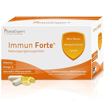SanaExpert Immun Forte, Vitamine und Mineralstoffe für das Immunsystem, Omega-3-Fettsäuren, Beta-Glukan, Marigold-Extrakt, Ly