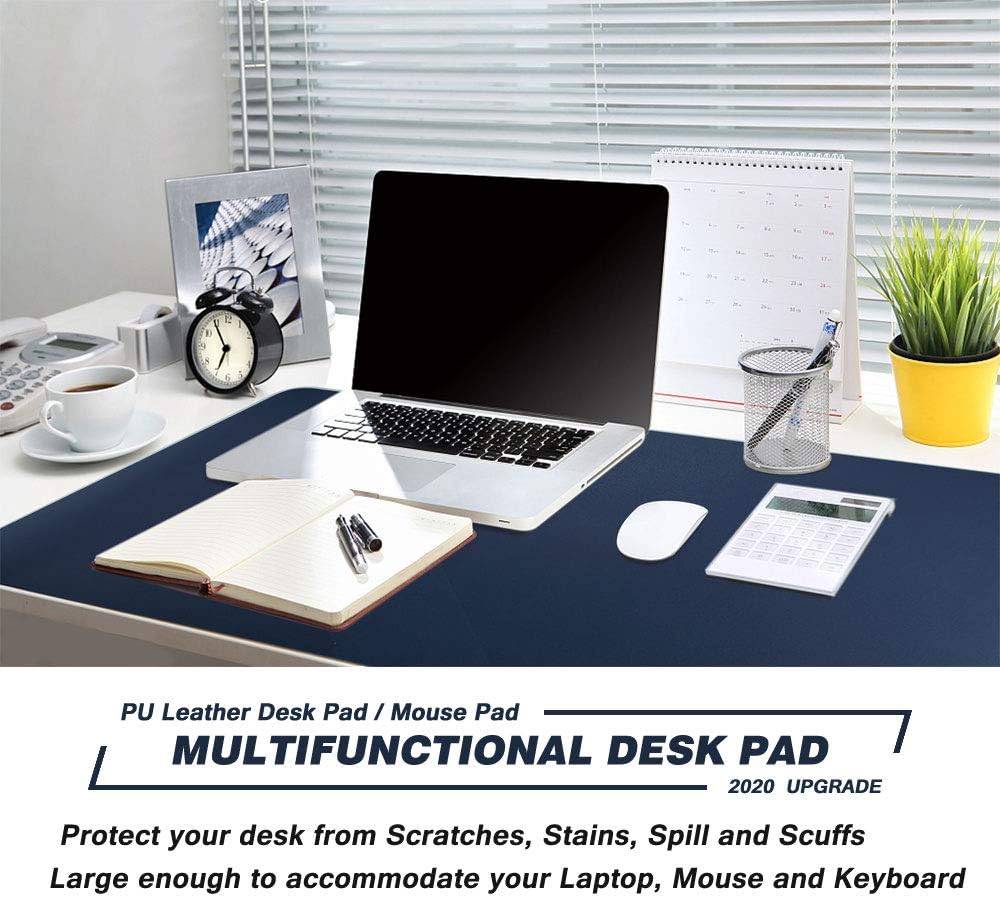 BUBM Desk Pad Protector 35.4" x 17", PU Leather Desk Mat Blotters Organizer with Comfortable Writing Surface(Dark Blue) : Office Products