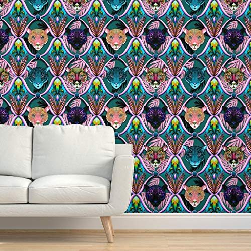 Peel & Stick Wallpaper 9ft x 2ft - Maximalist Neon Ogee Teal Retro