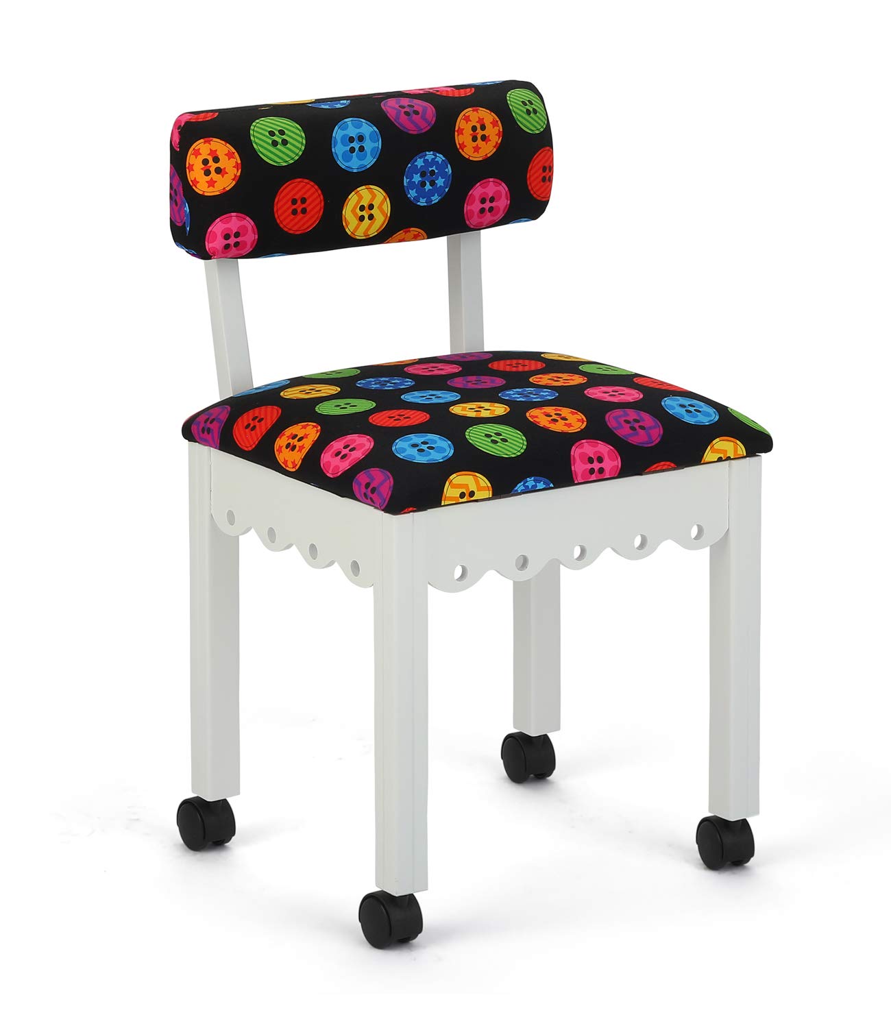 Arrow 8011 Wood Sewing and Craft Chair with Gingerbread Design and Under Seat Storage, Print Upholstery Fabric by Riley Blake, White with Buttons Print Fabric