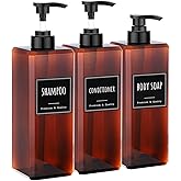 Segbeauty 33.8oz Amber Soap Dispenser Bathroom, 3pcs Plastic Soap Dispenser with Labels, Pump Bottles for Shampoo and Conditioner, 1000ml Large Square Lotion Pump Bottle Refillable Body Wash Container