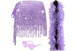 SHENJIPPC Sequin Skirt - Sequin Skirt for Women Fringe Skirt Belly Dance Rave Disco Cowgirl Sparkle Skirt, with Sunglasses + Boa