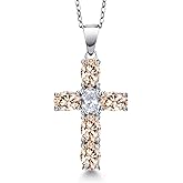 Gem Stone King 925 Sterling Silver Peach Morganite and White Topaz Cross Pendant Necklace for Women | 3.10 Cttw | Gemstone October Birthstone | Oval 6X4MM | With 18 Inch Chain