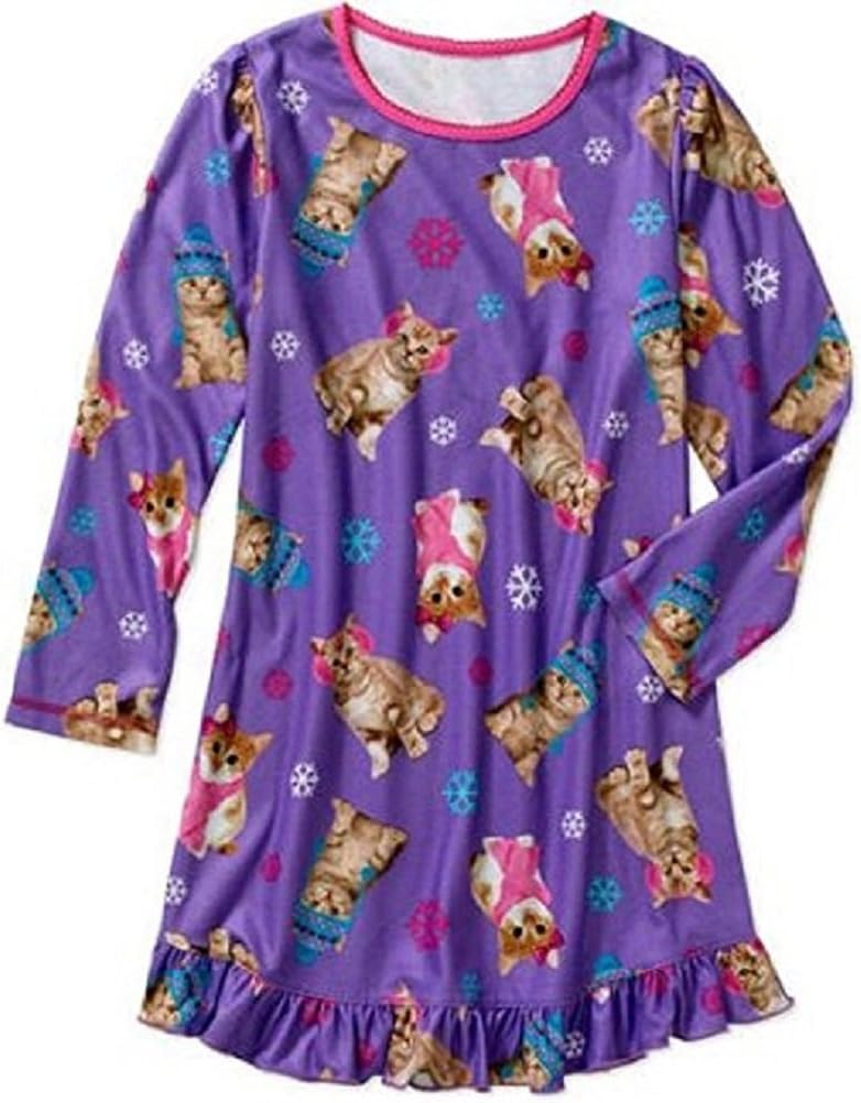 Big Girls XS-XL Puppy Dog Kitty Cat Sleep Gown Nightgown Sleepwear Pajamas (L 10/12, Purple Kitty)