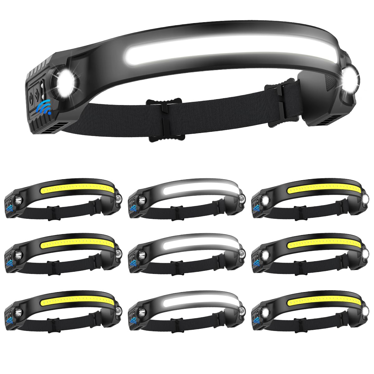 Photo 1 of Headlamp Rechargeable 10Pack, 230° Wide Beam Head Lamp with 2 Spotlights, LED Headlamp with Motion Sensor, 5Mode Rechargeable Headlamp, Head Lights for Forehead, Headlamps for Adults Running Hard Hat